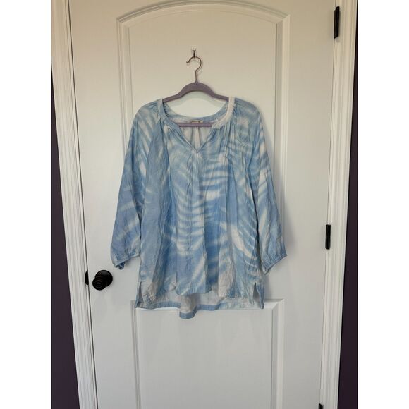 Soft Surroundings Blue Tie Dye Split Neck Top Size 3XL - Picture 1 of 6